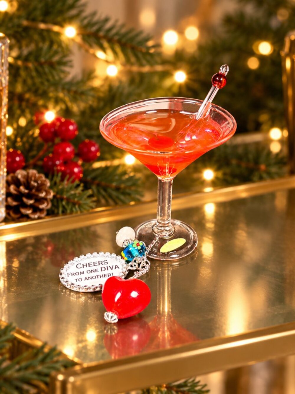 Carlton Cards Cheers Santé Martini Glass Christmas Ornament #73 Diva Charms Boxe